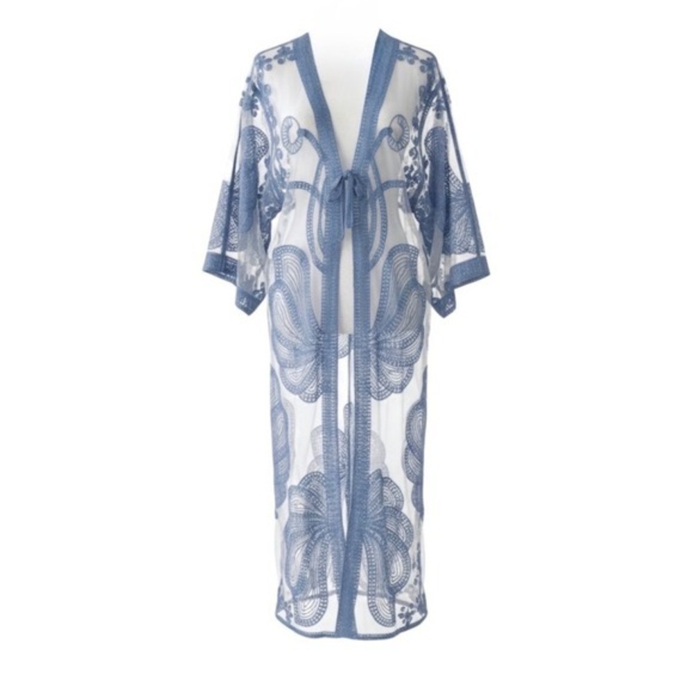 Ashley Taylor Kimono Duster Embroidered Mesh Blue Women's One Size NWT